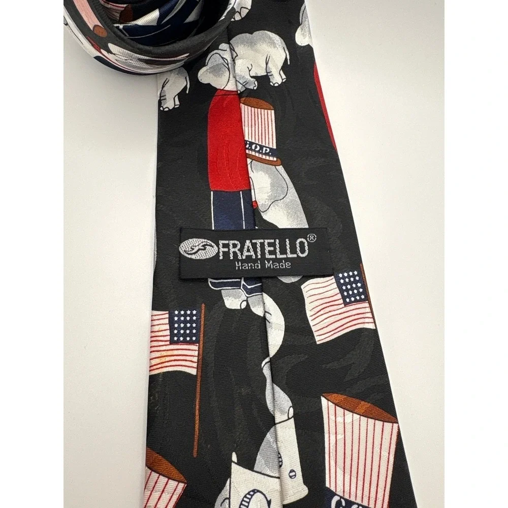 Fratello GOP Republican Elephant Patriotic American Flag Silk Necktie Black 4